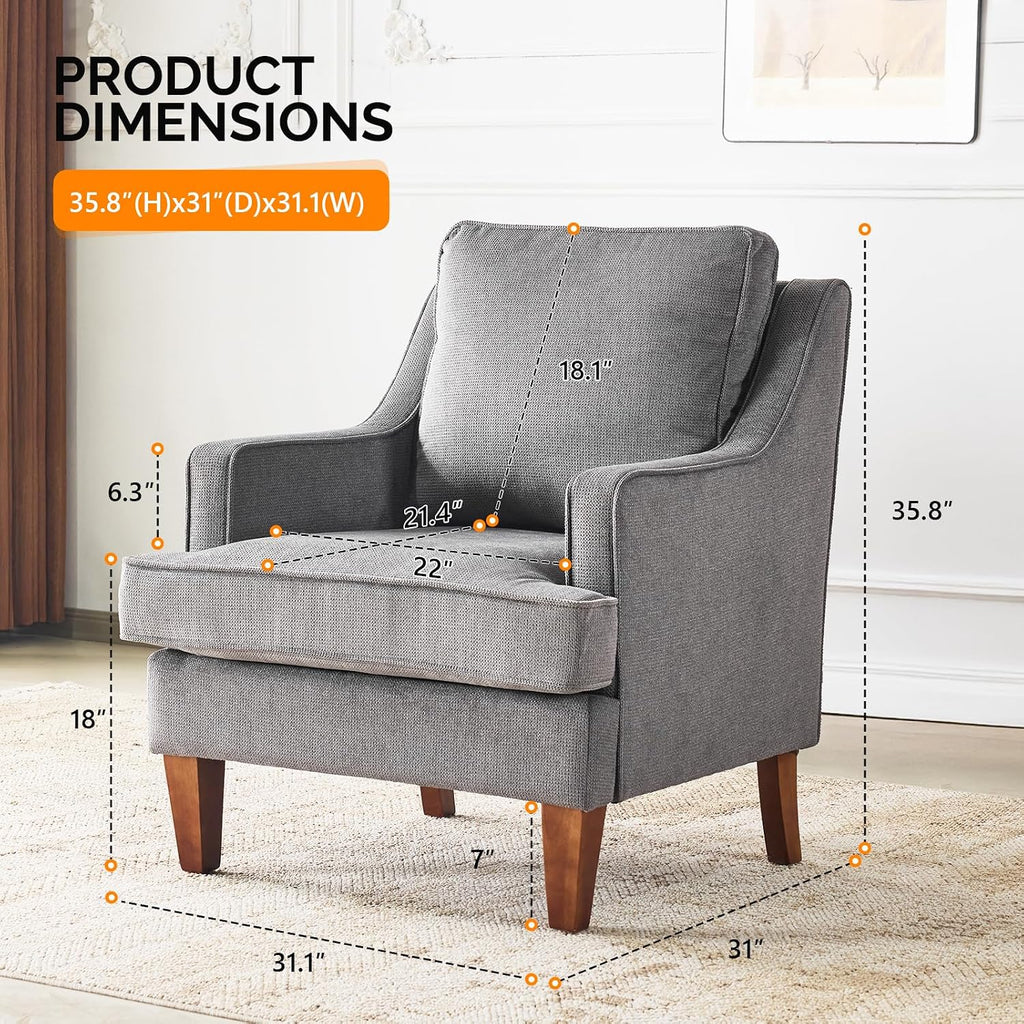VINGLI Mid-Century Modern Accent Chair, Light Grey Upholstered Armchair Comfy Sofa Chair Reading Chair High Back for Living Room Bedroom Furniture Apartment