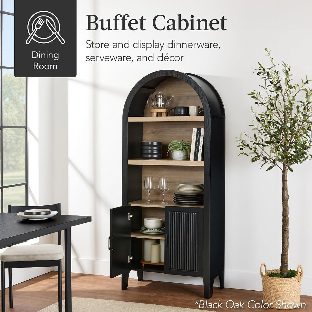 Best Choice Products 72" Tall Arched Pantry Cabinet w/Reeded Doors, 5-Tier Bookshelf, Armoire, Hutch, Bookcase, Storage Cabinet w/Adjustable Shelves, for Dining Room and Livingroom - Walnut