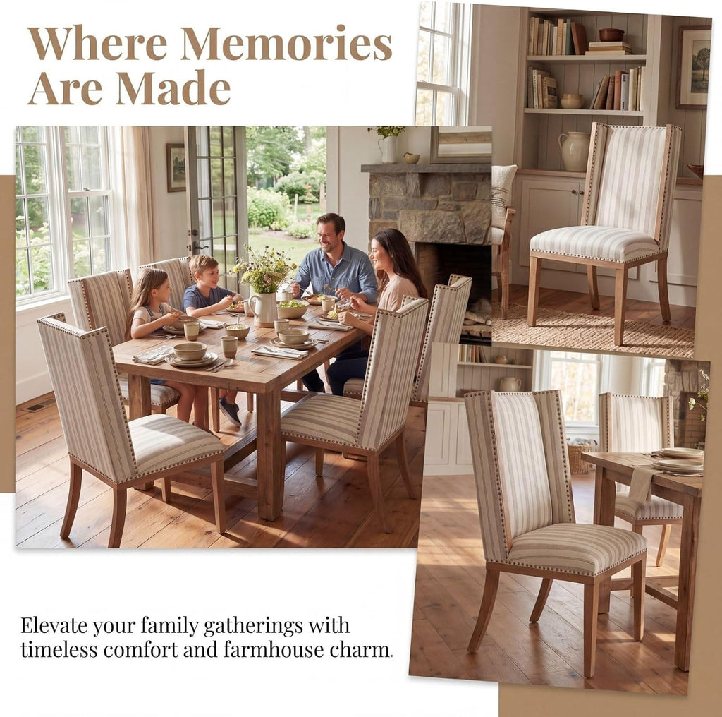 Kmax High Back Dining Chairs Set of 2, Parsons Dinner Chairs Upholstered Fabric & Nailed Trim Wood Kitchen Chairs, Khaki Stripe