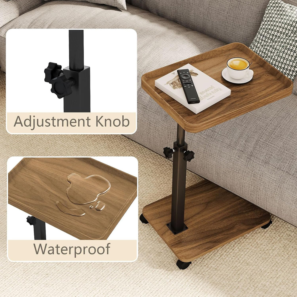 End Table, Adjustable Height Side Table, 360° Rotating MDF Veneer Sofa Side Table with Lockable Wheels, C-Shaped TV Tray Table for Living Room Bedroom (Walnut Brown)