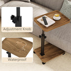 End Table, Adjustable Height Side Table, 360° Rotating MDF Veneer Sofa Side Table with Lockable Wheels, C-Shaped TV Tray Table for Living Room Bedroom (Walnut Brown)