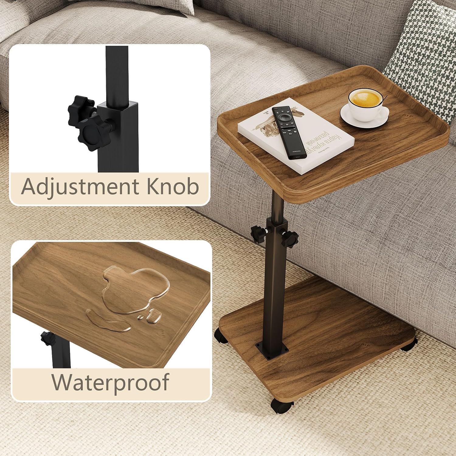 End Table, Adjustable Height Side Table, 360° Rotating MDF Veneer Sofa Side Table with Lockable Wheels, C-Shaped TV Tray Table for Living Room Bedroom (Walnut Brown)