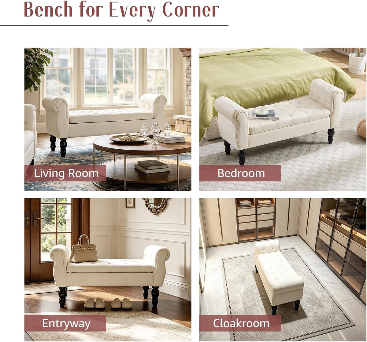 47.6" Storage Bench for End of Bed Bedroom, Velvet Ottoman Bench with Arms and Wood Legs, Upholstered Tufted Button Entryway Bench with Storage, Window Sitting Bench for Living Room, Cream