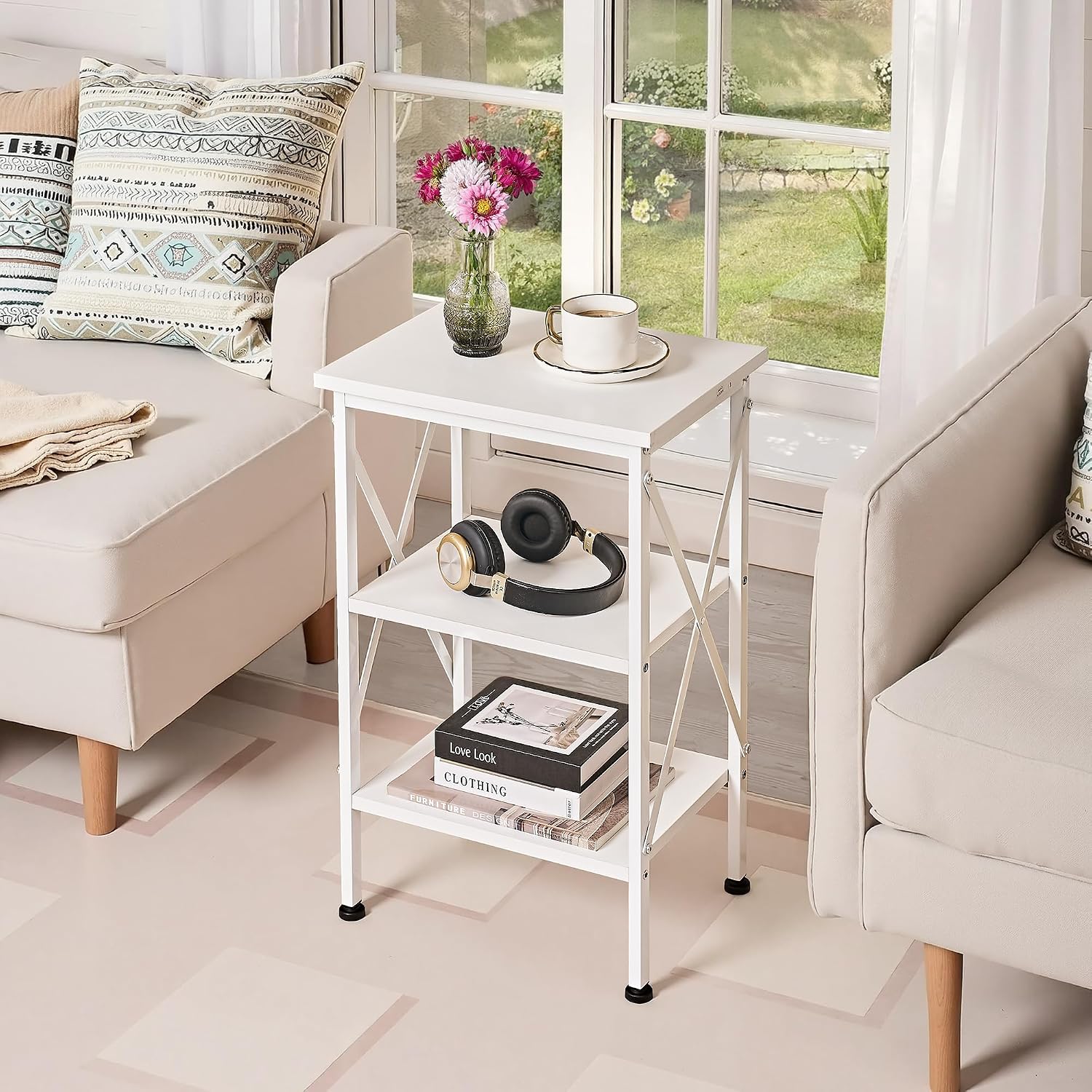 VECELO End Side Table Night Stand Set of 2,X-Design with Storage Shelf for Bedroom,Living Room,White