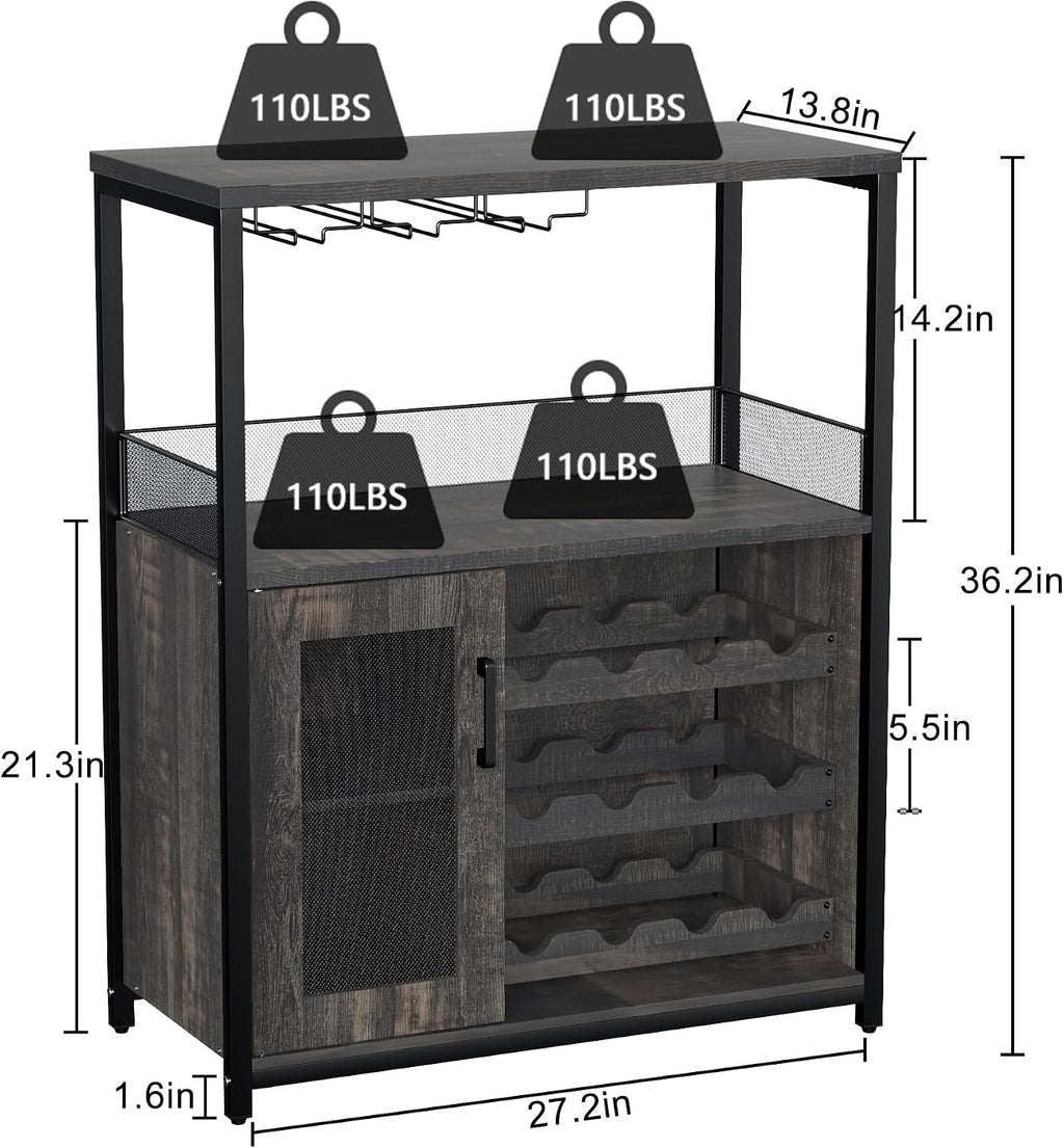 Takywep 3-Tier Wine Bar Cabinet with Removable Wine Rack, Glass Holder, Industrial Buffet Cabinet with Mesh Doors, Storage Sideboard for Kitchen, Dining Room, Living Room