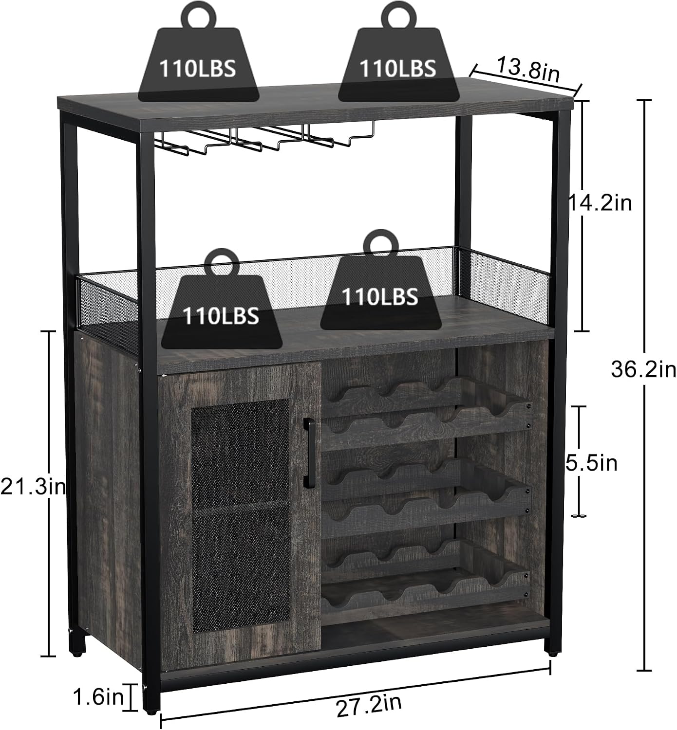 Takywep 3-Tier Wine Bar Cabinet with Removable Wine Rack, Glass Holder, Industrial Buffet Cabinet with Mesh Doors, Storage Sideboard for Kitchen, Dining Room, Living Room