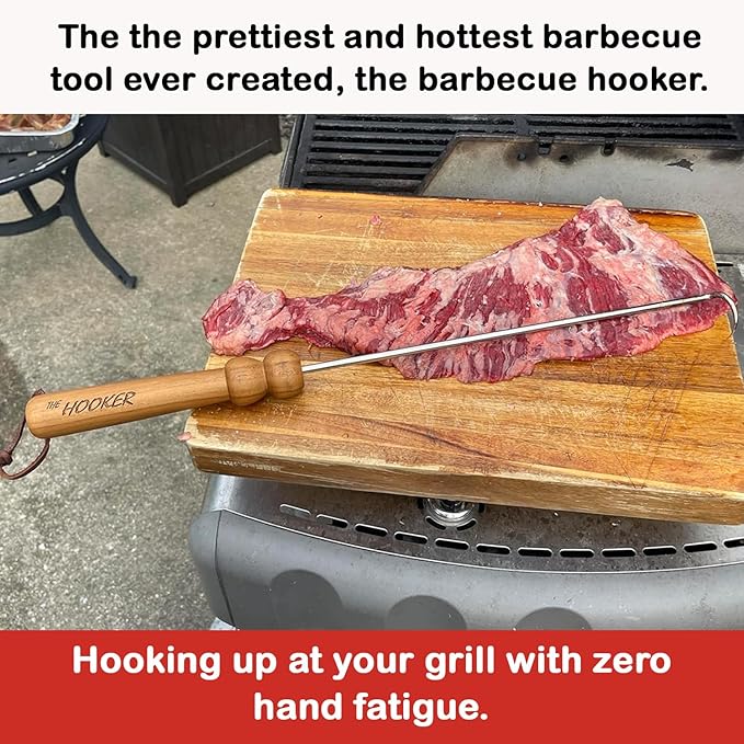 The Original BBQ Hooker, Meat Turner. Pigtail Flipper, Steak Flipper, Weber BBQ Grill, Spatula, BBQ Tongs, BBQ Tools, Camping Tool, Fire Pit Tool, Green Egg, Komodo Joe Grill.