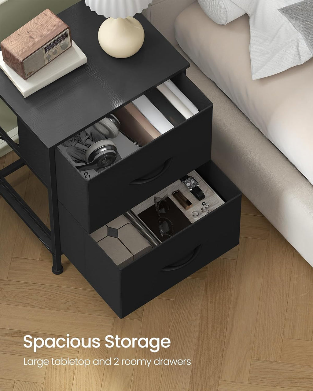 SONGMICS BELLAH Collection - Night Stand with 2 Drawers, Bedside Table, Side End Table, Nightstand for Bedroom, Modern, Ink Black and Ebony Black ULGS312B01S