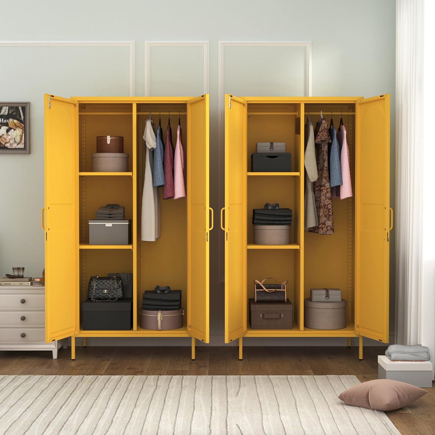 67 Inch Lockable Yellow Steel Wardrobe Storage Cabinet, Freestanding Metal Armoire Locker with Hanging Rod and Adjustable Shelves, Heavy Duty Clothing Storage Locker for Bedroom Apartment Home Use