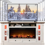 OKD 70" Farmhouse TV Stand with 42" Electric Fireplace, Antique White | 36" Tall, Glass Door Side Cabinets with LED, Open Cubby, Storage Drawers, Cable Management, Media Console for Living Room