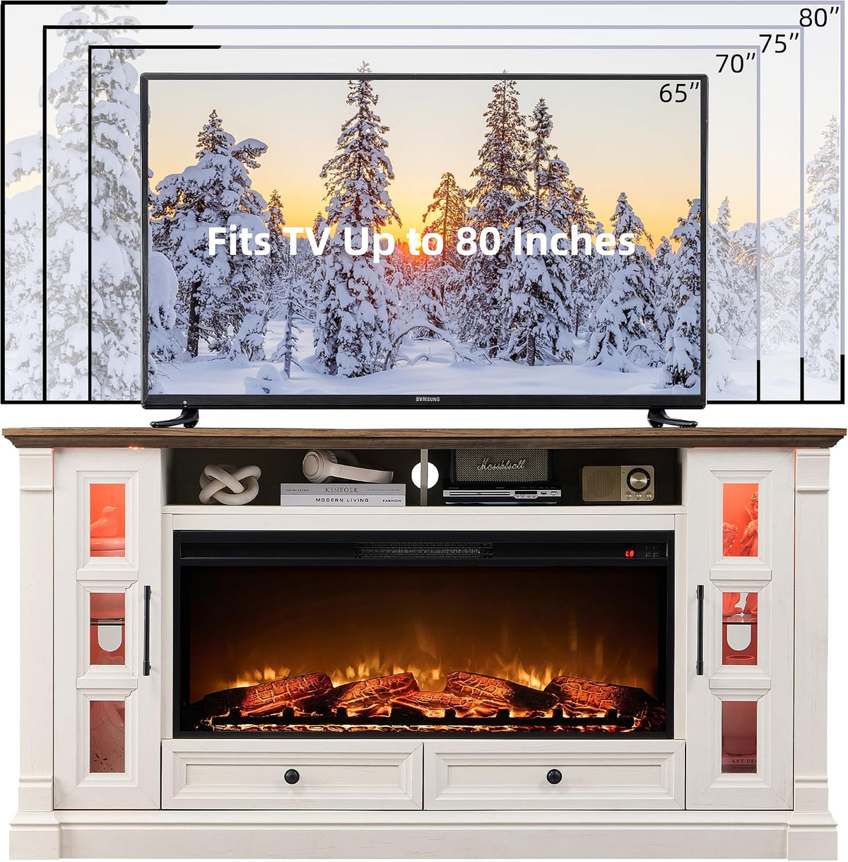 OKD 70" Farmhouse TV Stand with 42" Electric Fireplace, Antique White | 36" Tall, Glass Door Side Cabinets with LED, Open Cubby, Storage Drawers, Cable Management, Media Console for Living Room