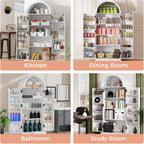 65" H Arched Kitchen Pantry, Modern Cupboard Storage Cabinet with 10 Side Storage Shelves & 3 Adjustable Shelves, Farmhouse Food Pantry Case for Living Room, Dining Room, White