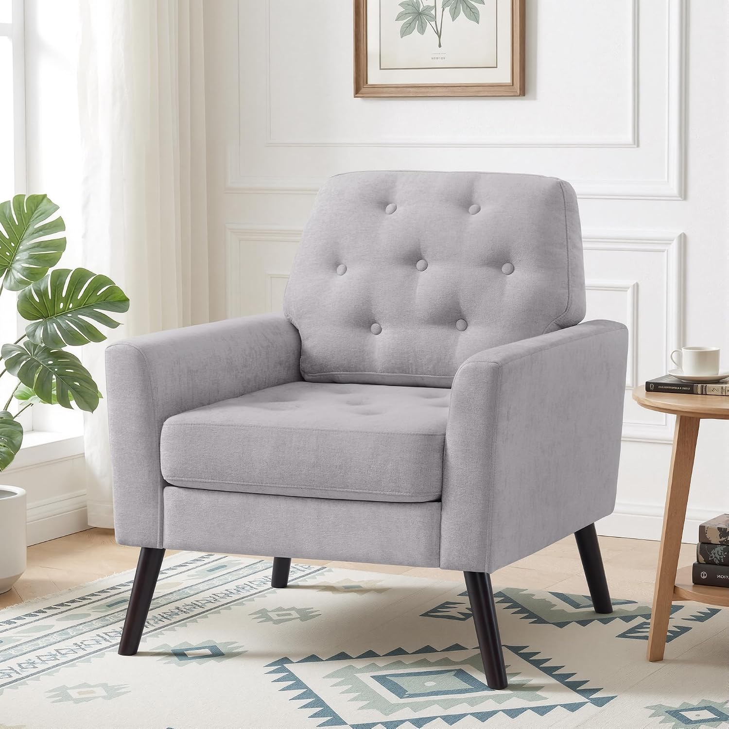 Accent Chair Set of 2, Mid Century Modern Living Room Chairs, Upholstered Armchair with Tufted Back & Wood Legs, Single Sofa Reading Side Chair for Bedroom Office Waiting Room, Light Grey