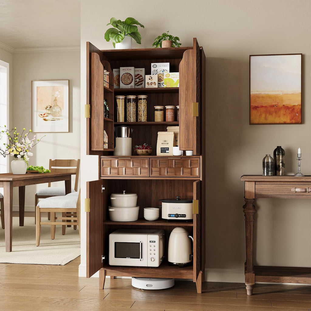 Pantry Cabinet, 71" Tall Pantry Cabinet,Modern Kitchen Cabinet with Doors, Drawers & Adjustable Shelves, Freestanding Food Pantry Cupboard with Side Rack for Kitchen Dining Room,Walnut