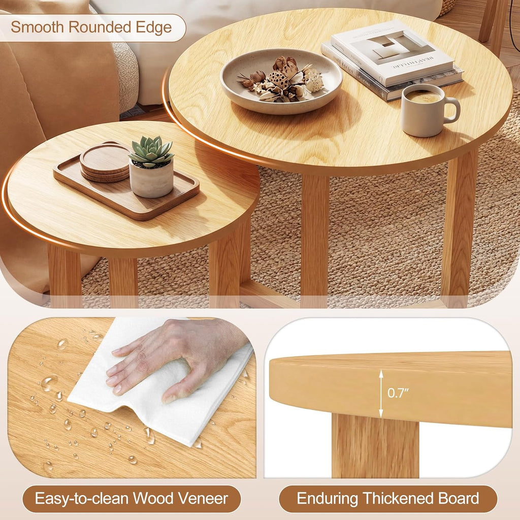Giantex Round Nesting Coffee Table Set of 2, Wood Nesting End Tables with Thickened Top & Solid Rubber Wood Legs, Farmhouse Sofa Side Table for Small Spaces Living Room Bedroom (Natural)