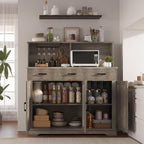 IDEALHOUSE Farmhouse Buffet Sideboard with Microwave Stand, Barn Door Storage Cabinet with Drawers and Shelves, Wood Coffee Bar for Kitchen, Dining Room, Living Room, Brown