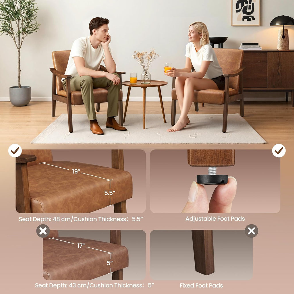 Yaheetech Accent Chairs Set of 2, Mid-Century Faux Leather Armchairs Brown | Cushioned Club Chairs with Supportive Sloped Backrests and Sturdy Wood Arms Fit Small Living Rooms, Offices, Reading Nook