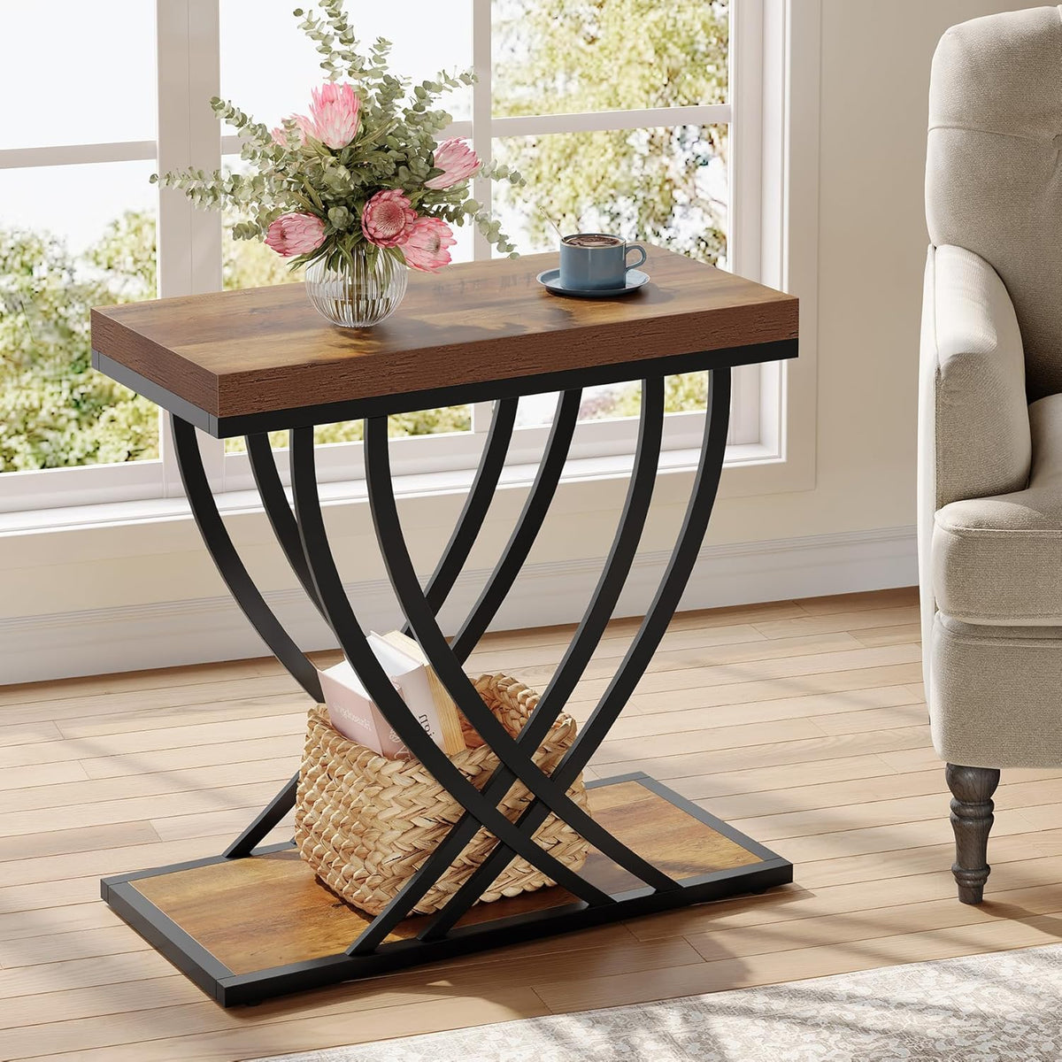 Tribesigns Side Table, 2-Tier Narrow End Table for Living Room, Industrial Nightstand with Metal Frame, Small Bedside Tables for Bedroom, Sofa Couch, Small Spaces, Rustic Brown