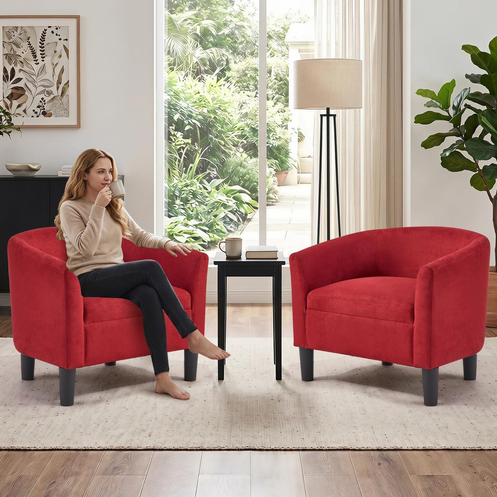 INZOY Oversized Accent Chair with Ottoman, 23.2" W Oversized Club Chair with Ottoman Set, Comfy Fabric Barrel Reading Chairs for Living Room Bedroom, Round Reading Chair with Foot Rest, Red