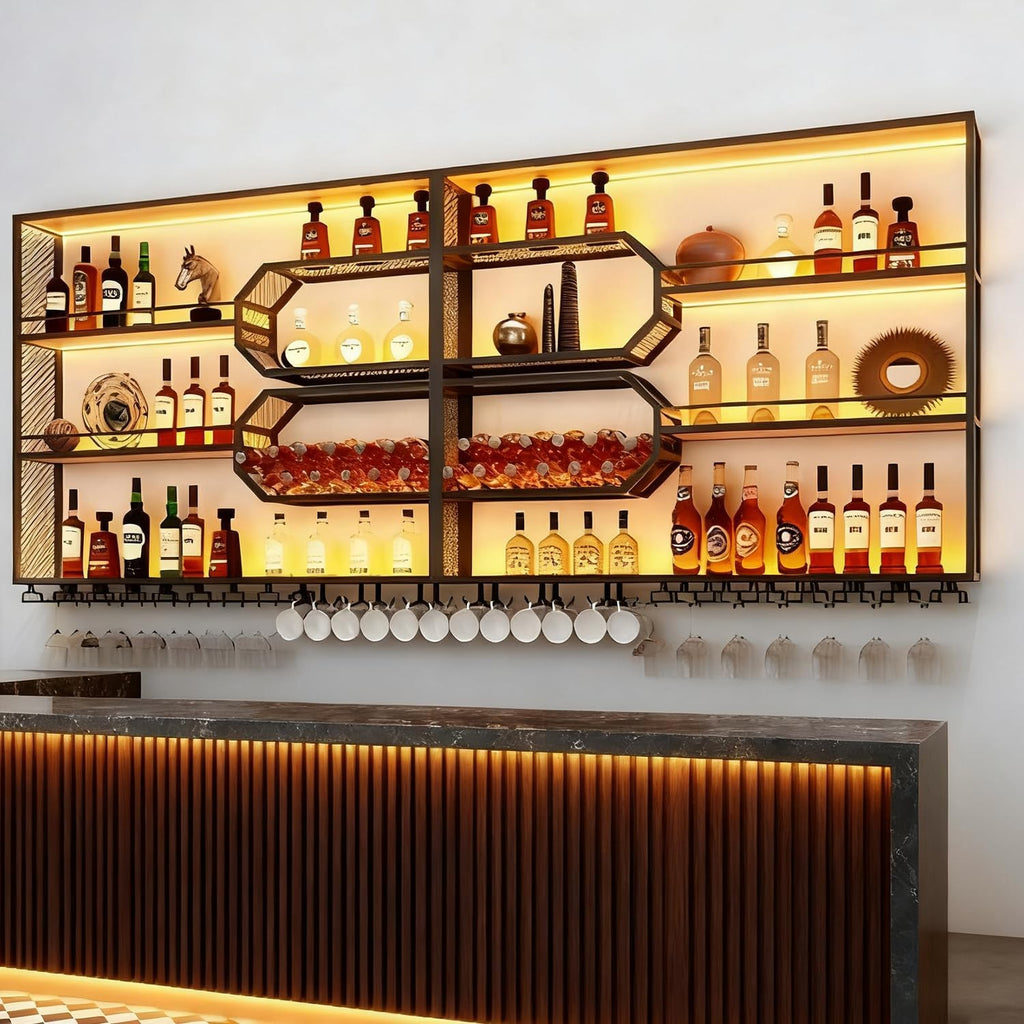 Large Liquor Shelf, Solid Wood Wall Mounted Wine Rack with Glass Holder & LED Light, 3-Tier Floating Bar Shelves, for Home Bar Kitchen, Living Room, Black,94 * 8 * 49in