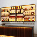 Large Liquor Shelf, Solid Wood Wall Mounted Wine Rack with Glass Holder & LED Light, 3-Tier Floating Bar Shelves, for Home Bar Kitchen, Living Room, Black,94 * 8 * 49in