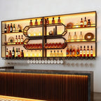 Large Liquor Shelf, Solid Wood Wall Mounted Wine Rack with Glass Holder & LED Light, 3-Tier Floating Bar Shelves, for Home Bar Kitchen, Living Room, Black,94 * 8 * 49in