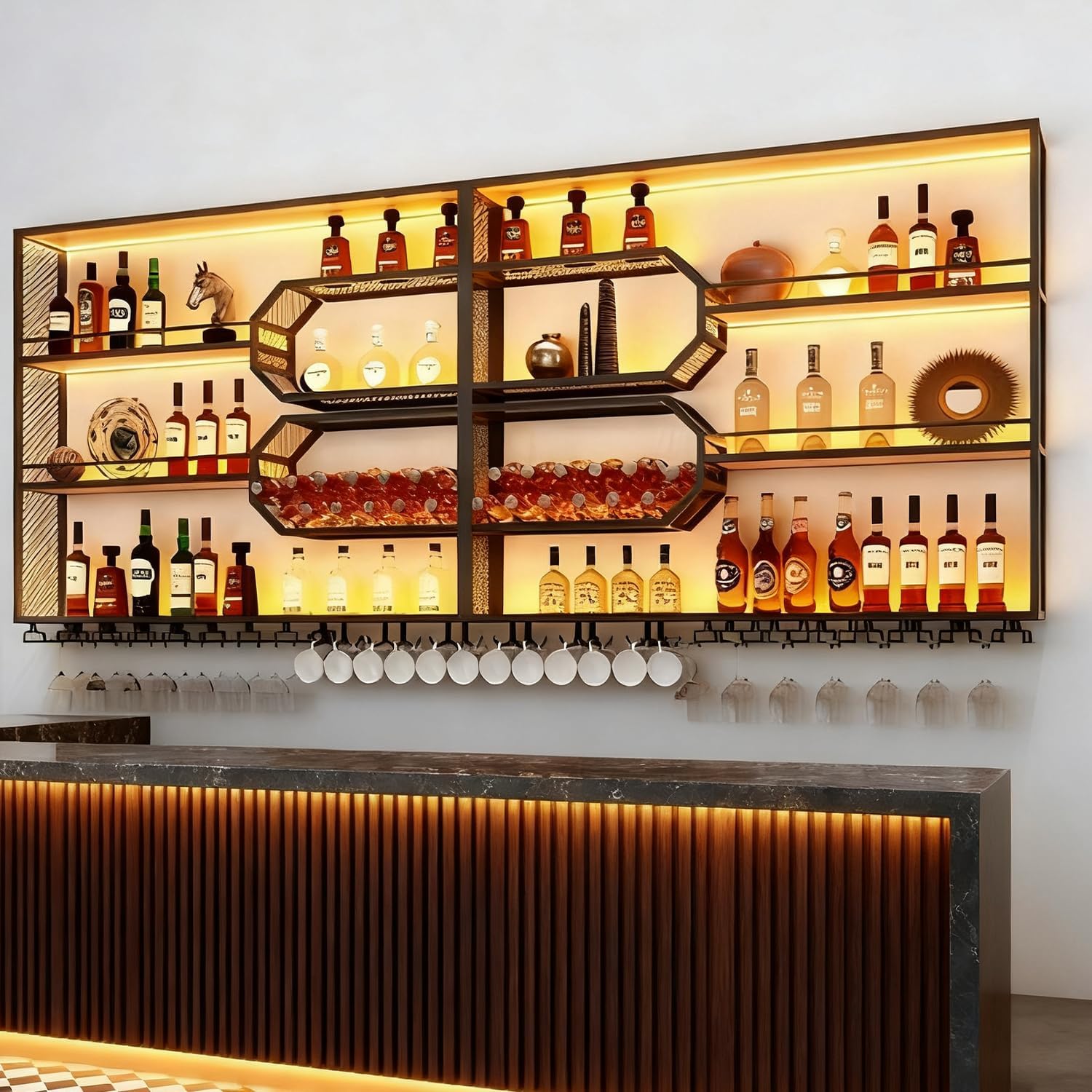 Large Liquor Shelf, Solid Wood Wall Mounted Wine Rack with Glass Holder & LED Light, 3-Tier Floating Bar Shelves, for Home Bar Kitchen, Living Room, Black,94 * 8 * 49in