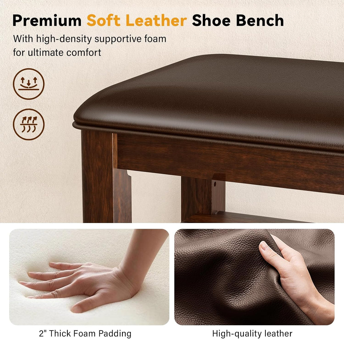 Shoe Rack Bench Entryway Storage with Leather Cushion, Shoe Organizer Bench for Entryway, Ideal for Front Doors Entrances Hallway Mudroom Featuring Rubberwood And 3 Height-Adjustable Removable Shelve