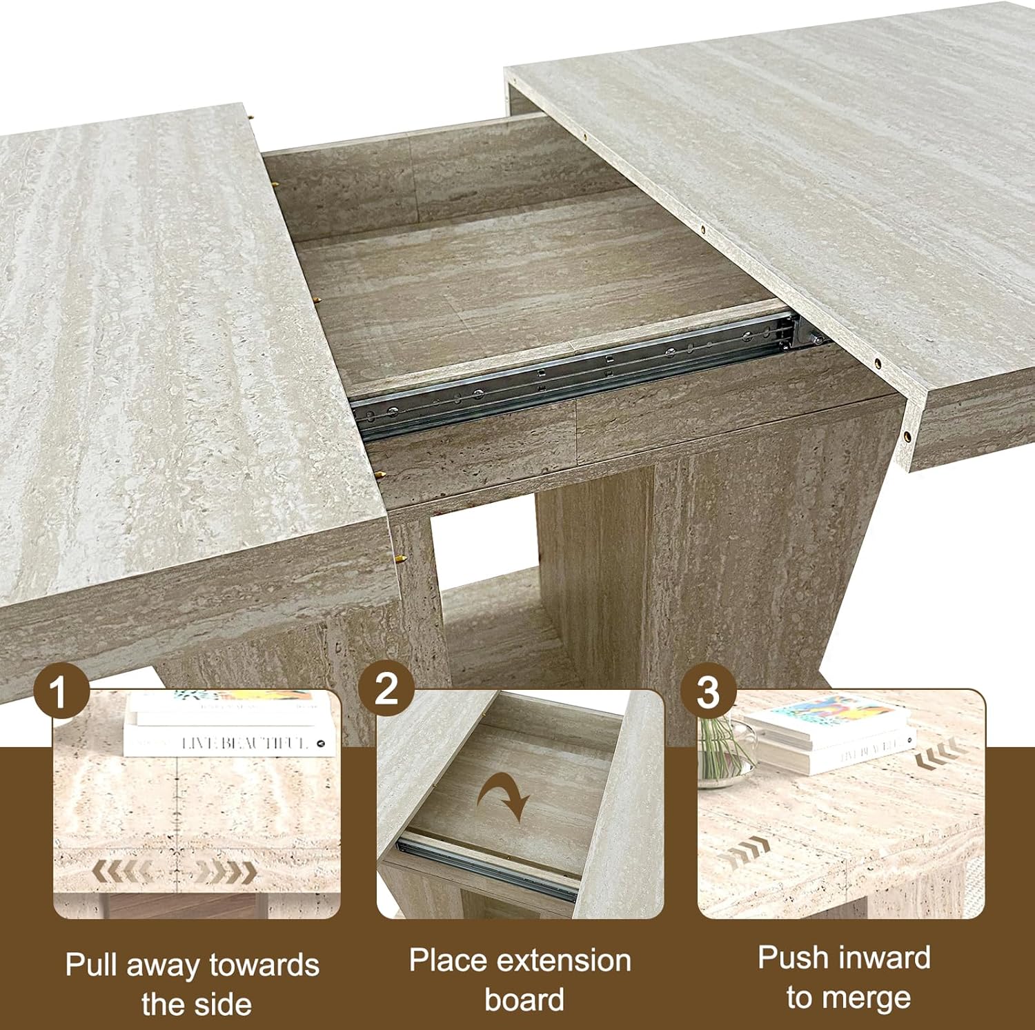 Extendable Dining Room Table for 6 8 10, 78.74" Modern Faux Travertine Wooden Long Large Rectangular Expanding Conference Kitchen Table with Dual Columns Base, White Oak