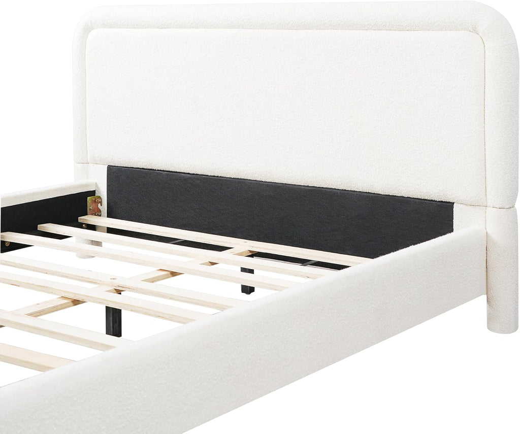 Merax Queen Size Upholstered Bed Frame with Upgraded Curved Boucle Fabric Headboard,Wooden Slats Support for Bedroom,Modern Design Easy Assembly