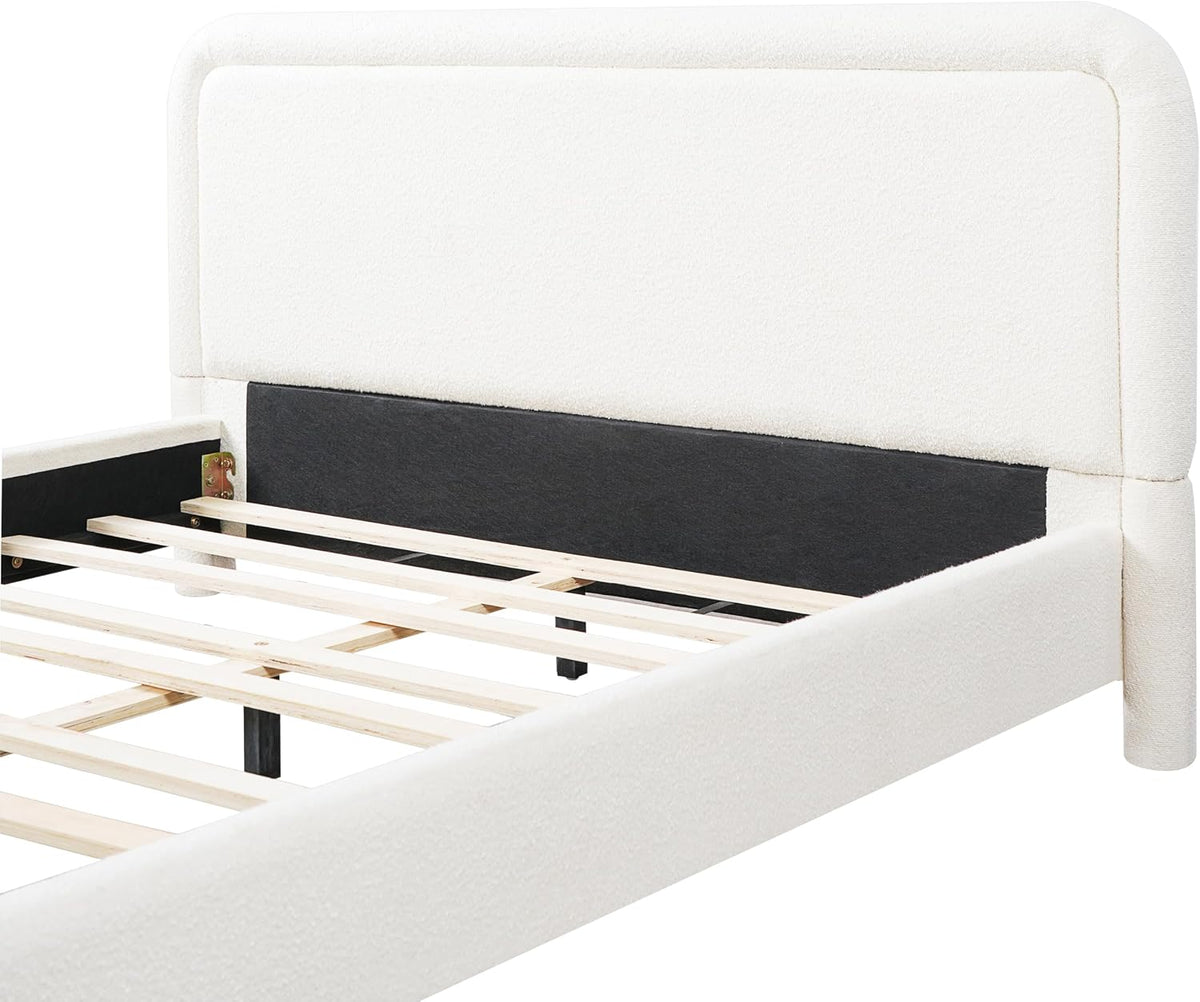 Merax Queen Size Upholstered Bed Frame with Upgraded Curved Boucle Fabric Headboard,Wooden Slats Support for Bedroom,Modern Design Easy Assembly
