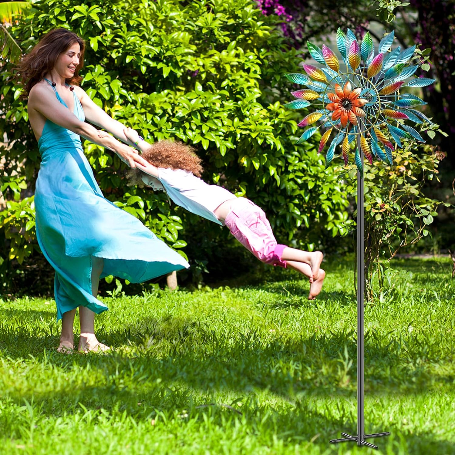 64in Wind Spinners Outdoor, Garden Wind Spinner Windmill with 5 Prong Base Stand, Metal Pinwheels for Yard Lawn Yard Art Outdoor Decor(A-Colorful)