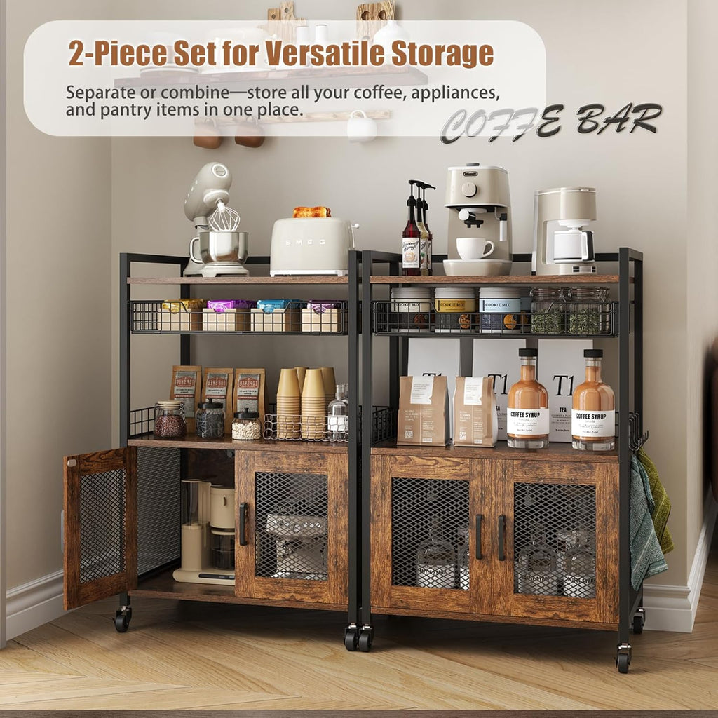 Hencawima Coffee Bar Cabinet, 3 Tier Coffee Station Table on Wheels, 35.9" H Bar Cart with Wire Basket Drawer & 5 Hooks for Home Kitchen, Liquor Buffet Sideboard Cabinet (Rustic Brown)