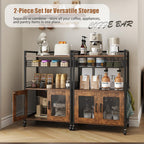 Hencawima Coffee Bar Cabinet, 3 Tier Coffee Station Table on Wheels, 35.9" H Bar Cart with Wire Basket Drawer & 5 Hooks for Home Kitchen, Liquor Buffet Sideboard Cabinet (Rustic Brown)