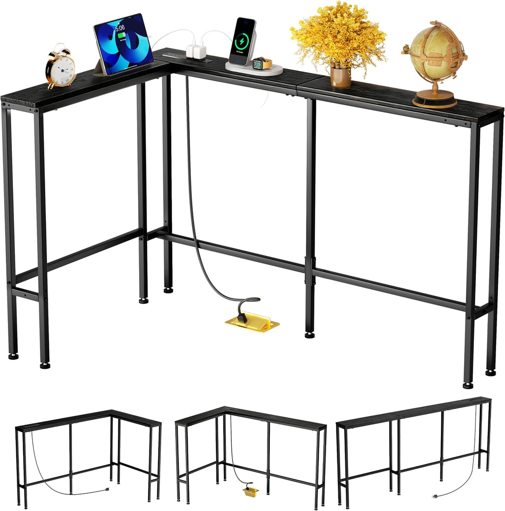 GRLEAF L Shaped 70" Narrow Console Sofa Table with Built-in Power Strip (2 AC Outlets & 2 USB Ports) – 4.9ft Power Cord, Metal Frame, Easy Assembly, Ideal for Behind Couch, Hallway (Black, 70IN)