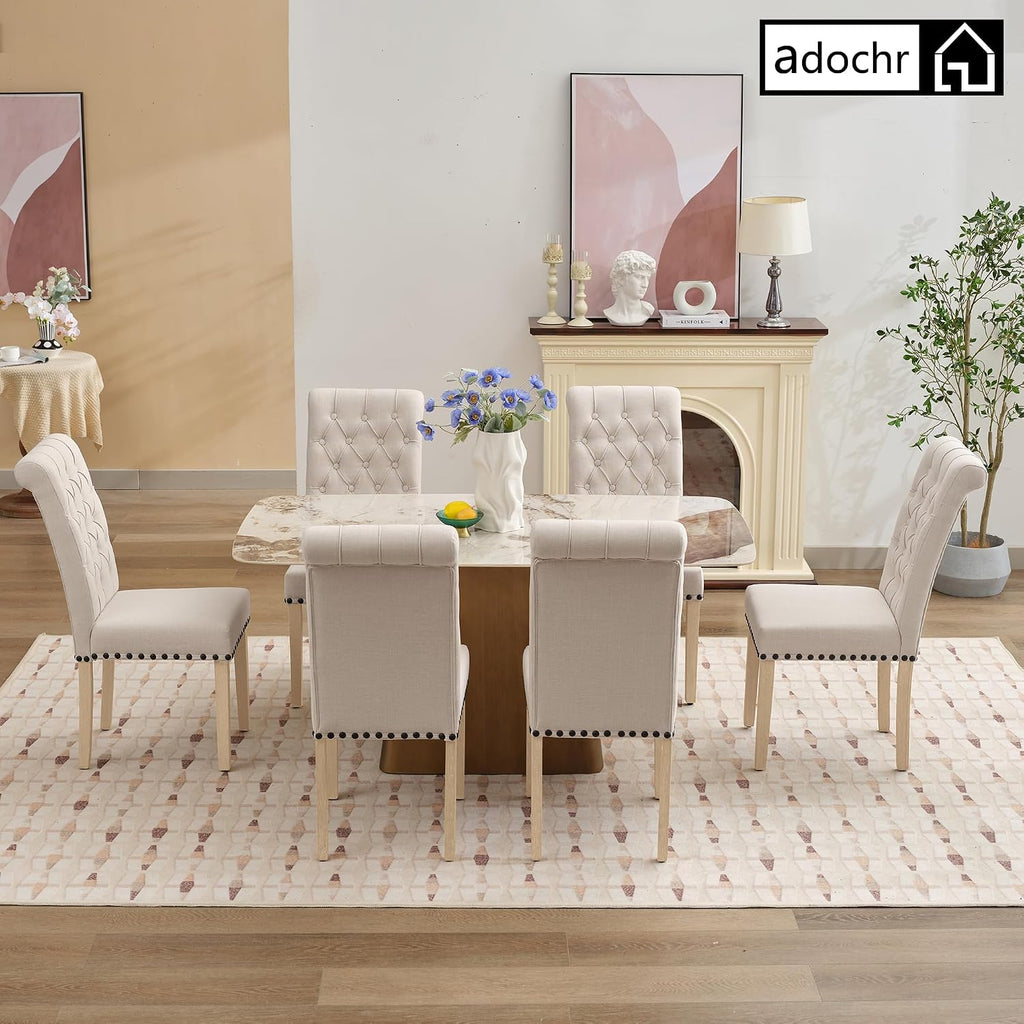 adochr Dining Chairs Set of 2, Linen Armless Parsons Chairs,Beige | Wooden Legs&Tufted Buttons, Upholstered Dining Room Chair for Kitchen/Dining/Living Room