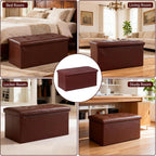 LEMY 30 Inches Folding Ottoman Storage Bench, Foot Rest Stool with Wooden Divider&Large Storage Space, Leather Footstool Bench, Padded Seat for Bedroom, Living Room (Brown, 15" D x 30" W x 15" H)