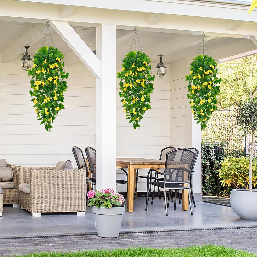 BLEUM CADE Artificial Hanging Flowers for Outdoors, 2pcs Fake Hanging Plants Pothos Vines with Yellow Flowers for Wall Home Living Room Indoor Outdoor Decor (No Baskets)