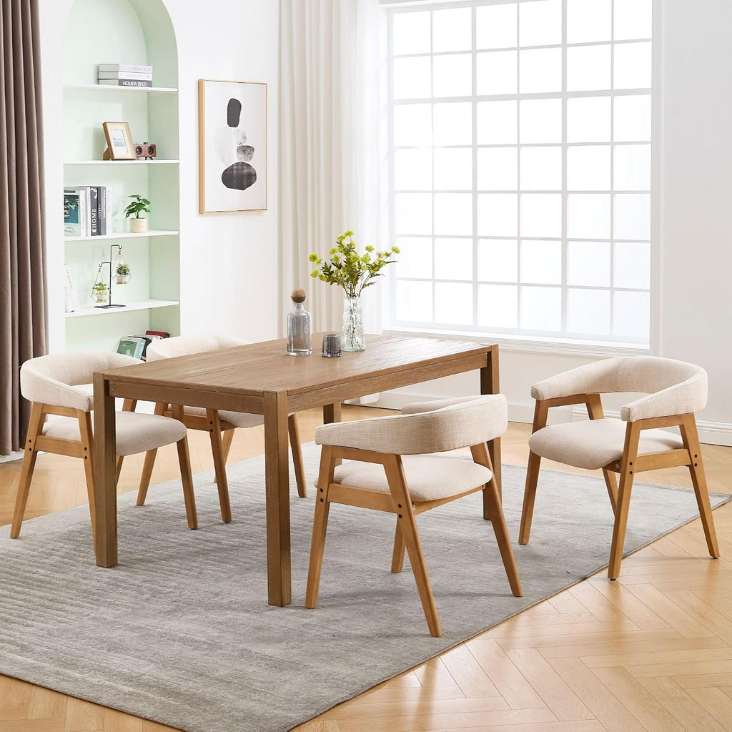 BESTANO Dining Chairs Set of 6, Modern Farmhouse Beige Linen Upholstered Kitchen Chairs with Arms, Solid Wood Legs, Elegant Padded Side Chairs for Home Dining Room