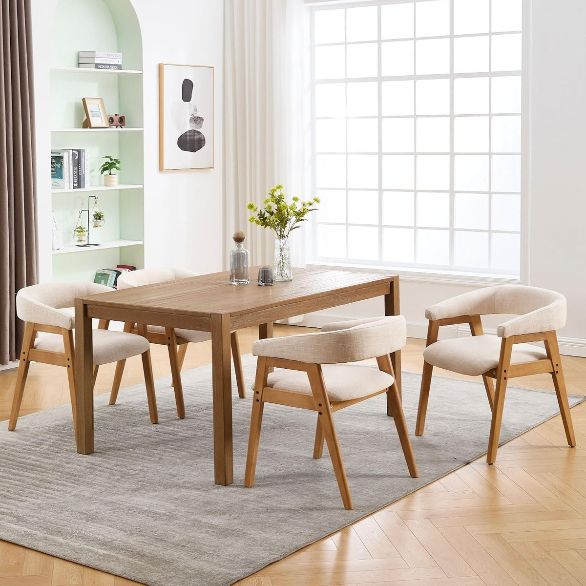 BESTANO Dining Chairs Set of 6, Modern Farmhouse Beige Linen Upholstered Kitchen Chairs with Arms, Solid Wood Legs, Elegant Padded Side Chairs for Home Dining Room
