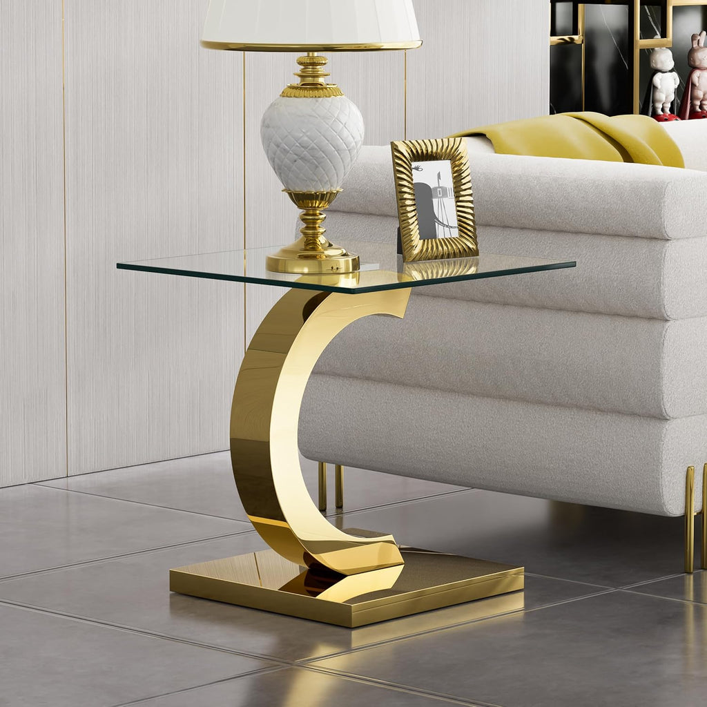 Henf Square Glass End Table Luxury Accent Sofa Side Table, Modern Glass End Tables Nightstand with Tempered Glass Top and Gold Mirrored Stainless Steel Base for Living Room Bedroom