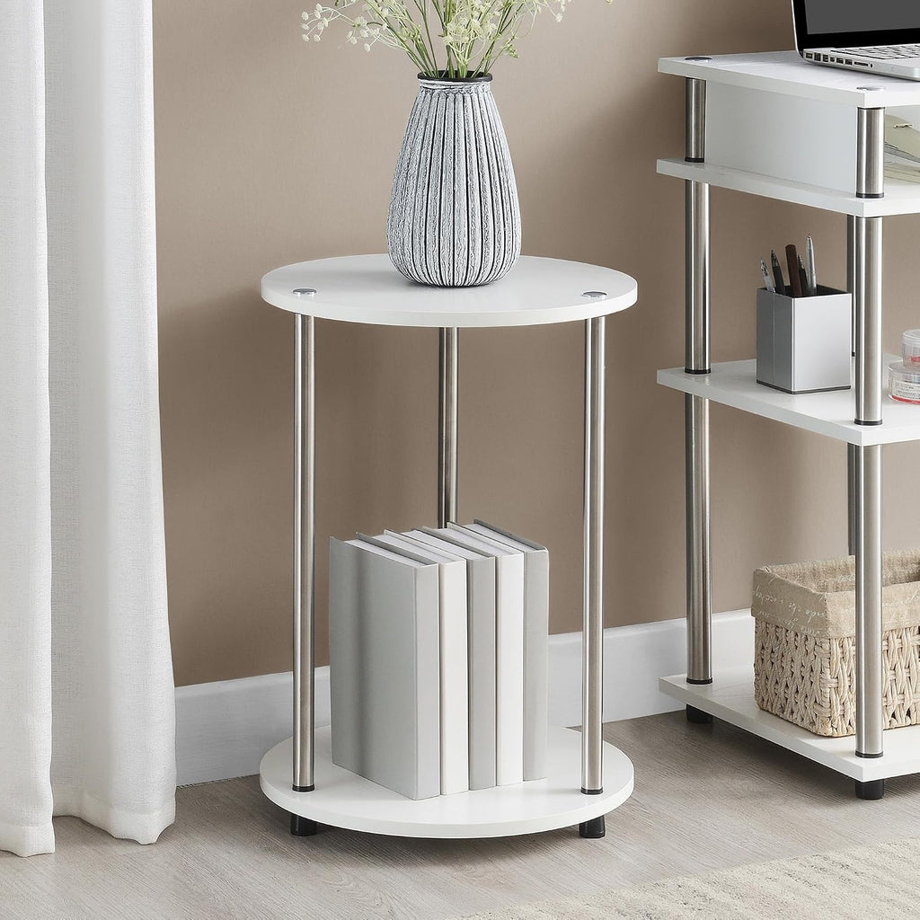 Convenience Concepts Designs2Go No Tools 2 Tier Round End Table 15.75" - Contemporary Modern Side Table with Storage Shelf for Family Room, Office, Den, White