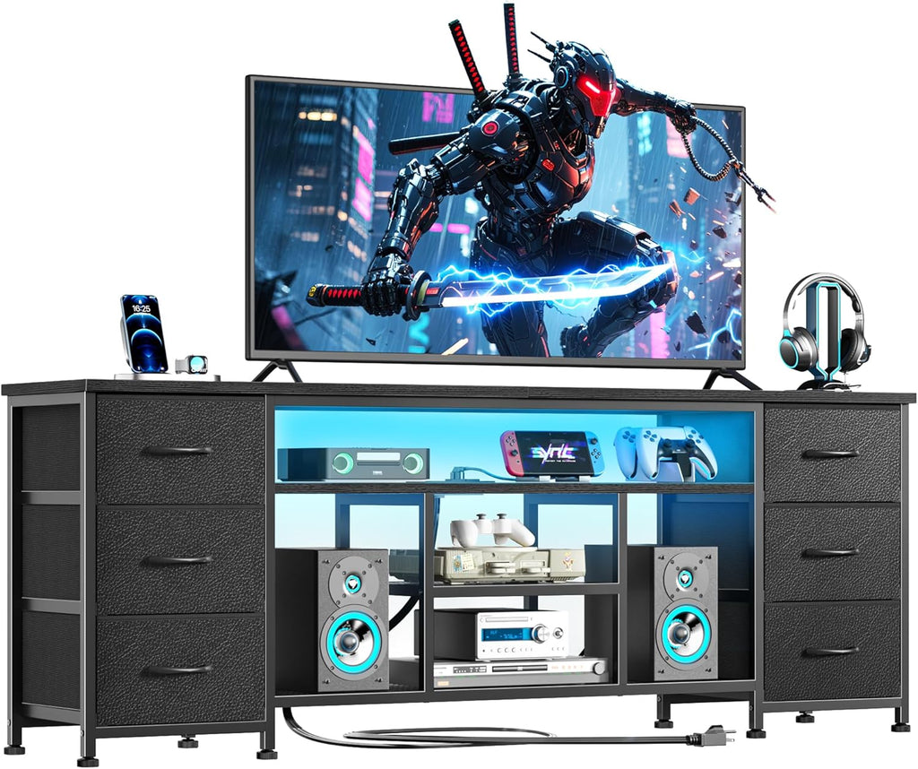 Furologee LED TV Stand for 65, 70 Inch TV, 63 Inch Entertainment Center with Power Outlets, 6 Fabric Drawers Dresser for Bedroom, Media Console with Open Shelves, PU Leather Surface, Black | TV Stand for 65, 70 Inch TV, TV Console with Power Outlets & 6