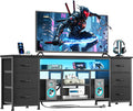 Furologee LED TV Stand for 65, 70 Inch TV, 63 Inch Entertainment Center with Power Outlets, 6 Fabric Drawers Dresser for Bedroom, Media Console with Open Shelves, PU Leather Surface, Black | TV Stand for 65, 70 Inch TV, TV Console with Power Outlets & 6