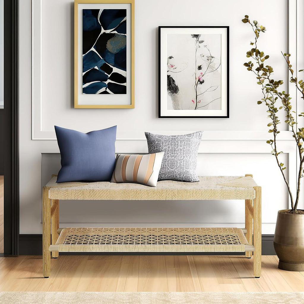 Recaceik Indoor Entryway Bench with Paper Cord Ottoman & Grid Storage Rack, Mid-Century Long Bench with Rubber Wood Legs, French Vanity End Bed Bench for Bedroom Living Room Channel