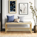 Recaceik Indoor Entryway Bench with Paper Cord Ottoman & Grid Storage Rack, Mid-Century Long Bench with Rubber Wood Legs, French Vanity End Bed Bench for Bedroom Living Room Channel