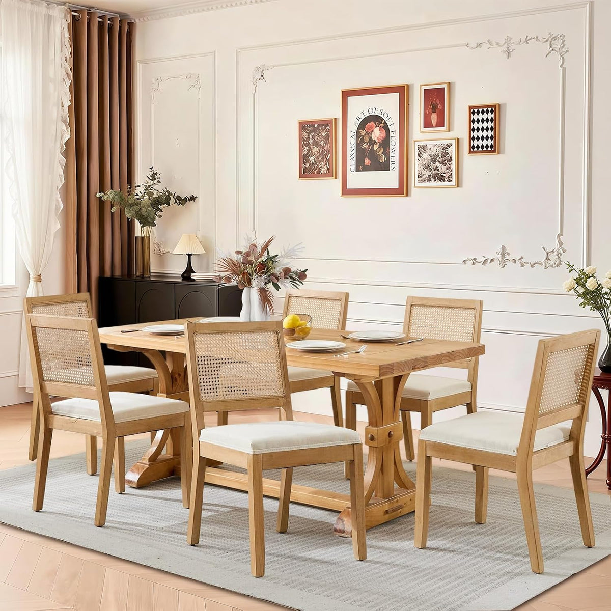 French Dining Chairs Set of 6,Farmhouse Upholstered Linen Chairs with Rattan Square Backrest,Solid Wood Legs,for Living Room,Kitchen,Restaurant,Beige