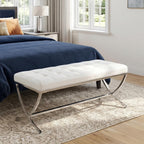 EALSON Modern Entryway Bench Leather Upholstered Dining Bench with Metal Base Button Tufted Ottoman Bench with Padded Seat Accent Foot Bench for Bedroom End of Bed/Living Room, White
