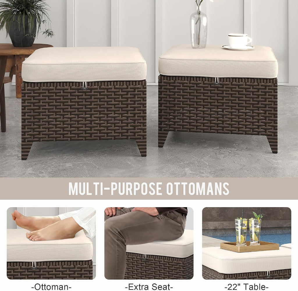 Patio Ottomans 2 Pieces, Outdoor 22" x 22" PE Wicker Ottoman with Removable Waterproof Cushions, All Weather Rattan Foot Stool Furniture for Deck, Porch, Backyard, Balcony, Poolside