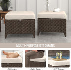 Patio Ottomans 2 Pieces, Outdoor 22" x 22" PE Wicker Ottoman with Removable Waterproof Cushions, All Weather Rattan Foot Stool Furniture for Deck, Porch, Backyard, Balcony, Poolside